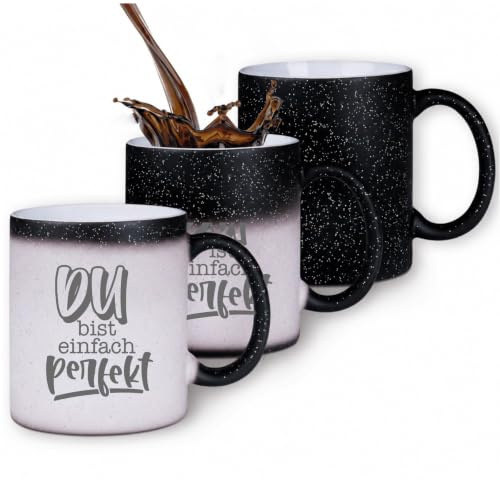 Farbwechsel-Tasse „Du bist einfach perfekt“ – Zaubertasse mit Glitzer, Keramik 330 ml, Farbeffekt bei Hitze, Geschenkidee für Partner:innen, Freund:innen, Familie