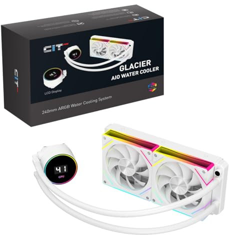 CiT Pro Glacier 240mm White ARGB CPU Liquid Cooler With 69.4mm Display for Performance Metrics, AIO Cooler 240mm CPU Water Cooler For Intel & AMD, Two ARGB Infinity PWM Fans & Temperature Display