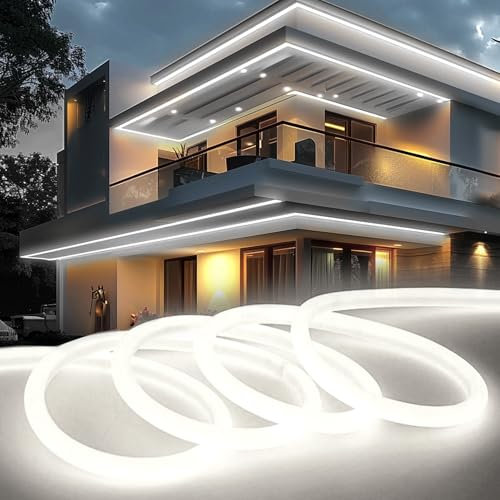 KSIBNW LED Strip Light 20m/65.6ft Outdoor Waterproof, Cool White 320° Glow Neon LED Strip Lights Outside IP65 Flexible 220v-240v Cuttable Rope Strip for Garden Kitchen Outdoor Indoor Decor, 6000K