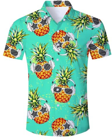 Belovecol Chemise hawaïenne d'été décontractée à Manches Courtes pour Homme Motif imprimé en 3D Graphique Ananas Bleu Chemise hawaïenne pour Homme XL