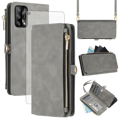 Asuwish Handyhülle für Oppo A74 4G/F19 CPH2219 Hülle mit Band und Folie Schutzfolie RFID Kartenfach Klappbar Leder Blumen Geldbörse Ständer A 74 74A F19S A95 Wallet Hüllen Schutzhülle Phone Case Grau