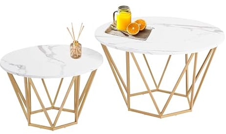 Xisilla Couchtisch Rund-Set (2-teilig) Couchtisch Marmor, geeignet für Wohnzimmer, Lounge, Home Office und Terrassen Geometrie Rahmen ⌀80cm und ⌀60cm