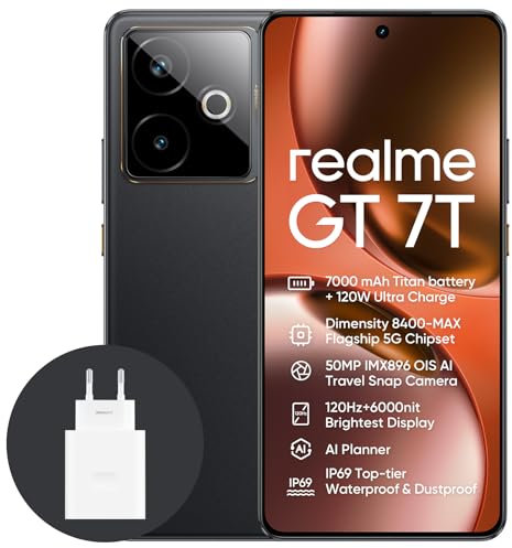 realme GT 7T 5G Smartphone,12+512GB, Batería de 7000 mAh,Carga de 120W,Procesador Dimensity 8400-MAX,IMX896 50MP Cámara,AI Planner,Pantalla Pro-Esports de 6000 nits120Hz,IP69,Negro,exclusivo de Amazon