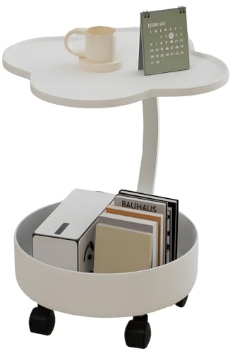 lcvtos Doppelschicht C-Tisch,Beistelltisch mit Stauraum und Rollen,C-Tisch mit Tablett, Couchtisch Klein für Sofa Schlafzimmer Wohnzimmer Büro,Moderner Nachttisch für Wohnzimmer Schlafzimmer (Weiß)