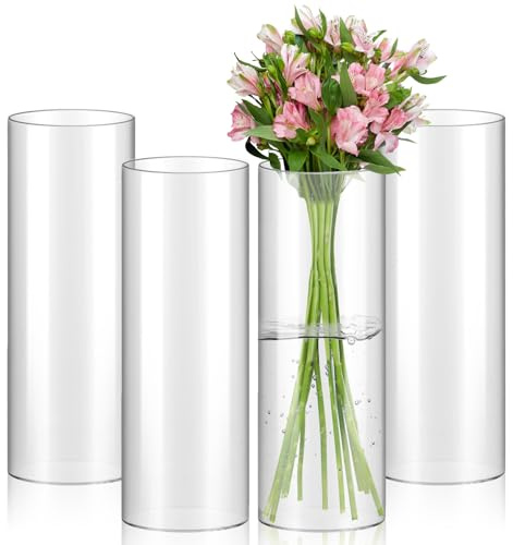 ZOFUN 4 Stück 30cm Glasvase Gross Klar Glasvase Zylinder Runde, Blumenvase Glas Vasen Vase Groß für Orchideen, Rosen, Tulpen, Pampasgras, Tischdeko, Kerze etc