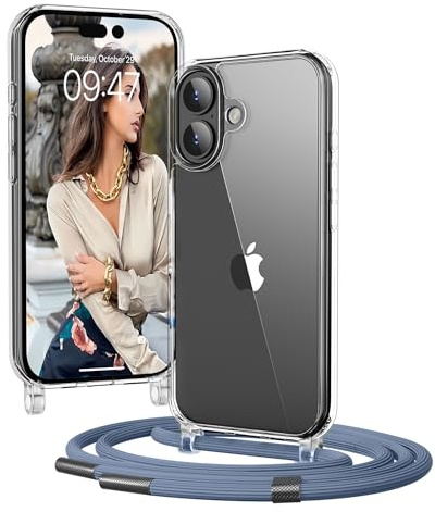 OLEPHY Transparente Funda con Correa para iPhone 17 6,3, Azul | Case con Cuerda para hombro y cordón [Ajustable y Extraíble],