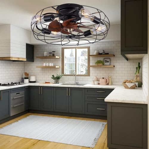 OZBME Industrial Ceiling Fan with Light and Remote Control Silent 6 Speeds Timer Bedroom Led Dimmable Cage Retro Modern Living Room