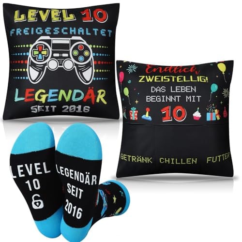 Xialvyu Geburtstagsgeschenk Junge 10 Jahre Geschenke zum 10 Geburtstag | Geschenk für Junge,Kissenbezug mit 3 Taschen,45 * 45cm,10. Geburtstag 2016 Lustig Socken Mädchen für Söhne, Bruder,Tochter
