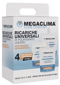 Megaclima 4PCs Ricarica Polifosfato Liquido Euroacque 4x250 g | Universale per Caldaia, Anticalcare e Anticorrosione, Compatibile con Pompe Dosatrici