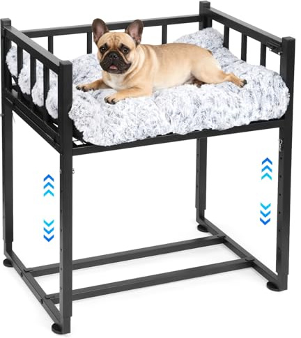 Beside Dog Bed and Mattress Set for Small/Medium Puppy (25.5''L x 17.7''W) | Raised Dog Bed - Metal Three-Sided Fence Pet Dogs Bed Frame, Adjustable Height Dogs Bed Extension Attachment for Human Bed