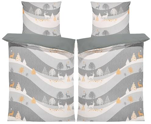 one-home Winter Biber Bettwäsche Baumwolle Kuschelig Flauschig Warme Weiche Flanell Bettbezüge Modern, Größe:4 teilig 135x200 cm, Farbe:Rentiere Winterlandschaft grau