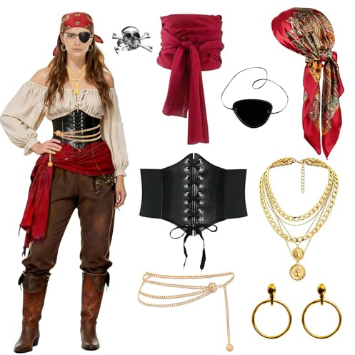 8tlg. Piraten Zubehör Set, Piratenkostüm für Damen-Schwarzes Korsett, Piraten Augenklappe, Schärpe, Kopftuch, Ohrringe Klipser, Totenkopf Ring, Halskette, Taillenkette für Karneval Cosplay Themenparty