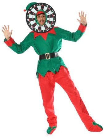I LOVE FANCY DRESS Dartscheiben-Elfen-Kostüm für Erwachsene, grünes Oberteil, rote Hose, Gürtel, Elfenstiefel und Hut und Dartscheiben-Hut mit Kapuze, Unisex, festliches Weihnachtsmann-Kostüm
