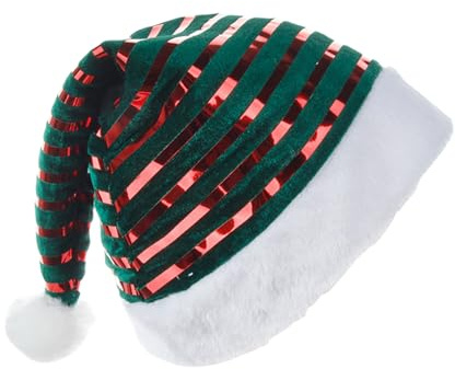 Klassische und niedliche Weihnachtsmützen, gestreifte Samt-Weihnachtsmützen für Erwachsene mit weißem Rand, perfekt für Winterferien, Halloween, Neujahr, Geburtstagsfeiern