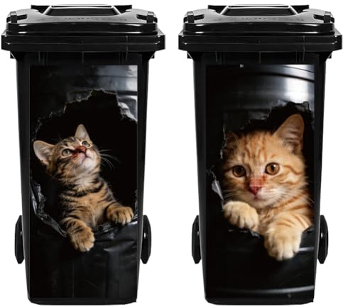Hobbspring 2Pcs 3D Broken Trash Can Stickers Cats Garbage Can Decals Wheelie Bin Sticker Cute Animal Waterproof PVC Dustbin Decor Stickers for Outdoor Curbside Garbage Bins 82 * 38cm/32 * 15in