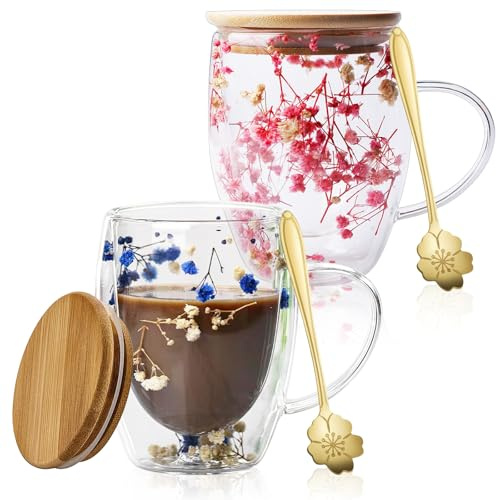 Lot de 2 tasses à café à double paroi avec fleur séchée, 350 ml, verres à double paroi avec anse, fleurs séchées, tasses à café avec fleurs séchées pour thé