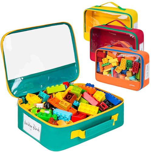 Jaffzora 4 Stück Spielzeug-Aufbewahrungstaschen, kompatibel mit Lego-Steinen, Reisespielzeug-Organizer für Kinder, Bausteine, Spielzeugauto, Puzzles mit Netztasche und Tag-Tasche