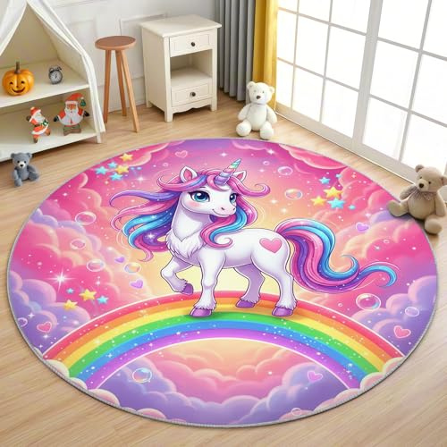 AevuCub Einhorn Mädchen Teppich Rund 90 cm Kurzflor - Waschbare Teppiche Wohnzimmer Rosa Einhorn Motiv Regenbogen Wolken - Runder Teppich 90 Durchmesser Kinderzimmer - Schlafzimmer rutschfest