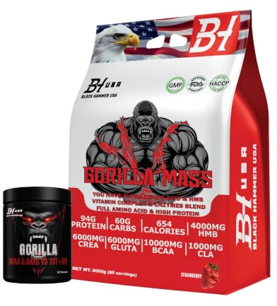 Gorilla Mass Gainer 4KG / 8KG – High Calorie Weight Gainer Protein Powder for Muscle Mass & Strength – Protein Carb Shake – Bulking Formula + FREE BCAA – Black Hammer USA (8000g, Erdbeere)