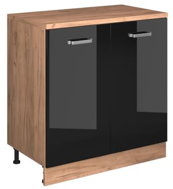 Vicco Erweiterungsschrank Rion, Schwarz Hochglanz/Goldkraft Eiche, 80 x 46 cm ohne Schräge mit 2 Türen, kombinierbar mit Rion Dachschrägenschränken und Schrankmodulen