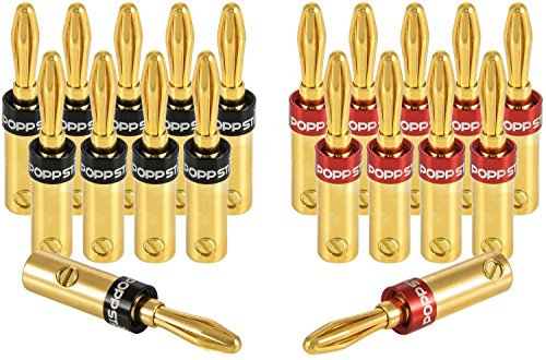 Poppstar 20x High End Bananensteckerl (bis 4 mm² verschraubt, verlötet 5 mm², 24k vergoldet, 10x schwarz, 10x rot)