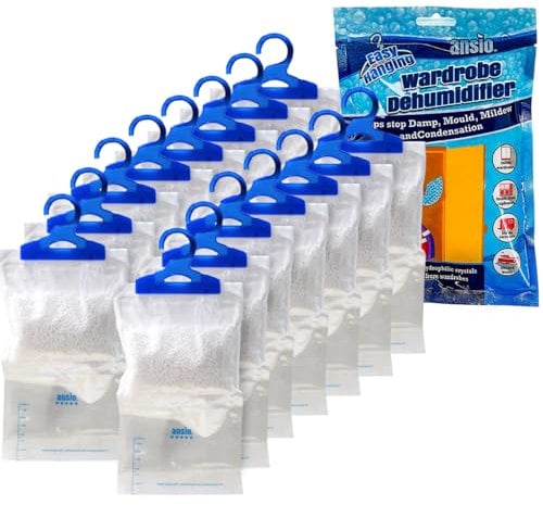 ANSIO Wardrobe Dehumidifier Hanging Bags Pack of 60, Trap, Condensation, Dehumidifiers for Damp, Mould, Bedroom, Caravan, Bathroom, Basement, Office – 210g Each