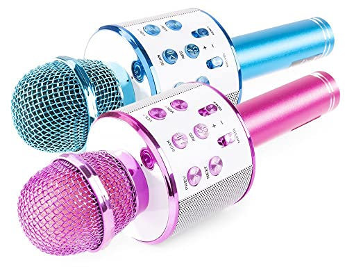 MAX Kit KM01-2 Micros Karaoké Bluetooth avec Haut-Parleur Intégré, 1 Micro Rose et 1 Micro Bleu, USB/SD, Batterie 6h, Modificateur de Voix et Écho, Idéal pour Les Enfants