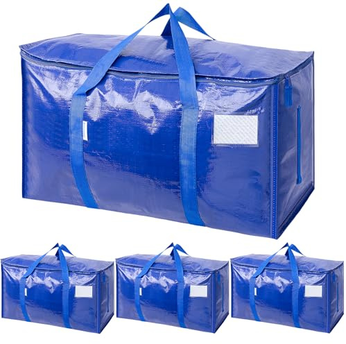 TICONN 4 Pack Extra Large Moving Bags Heavy Duty with Zippers & Carrying Handles, Durable Storage Bags Moving Boxes for Closet Organizers and Storage (4 Pack, Blue)
