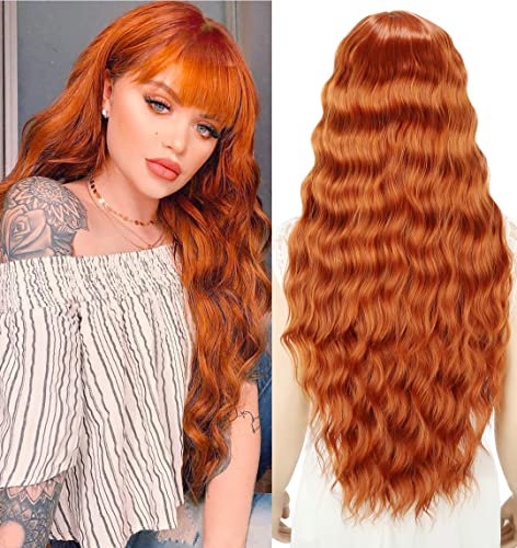 YEESHEDO Damen Perücke Lang Lockige Orange Rot Perücken für Frauen mit Pony, Natürlich Lange Locken Ingwer Rot Wig, Anime Cosplay Halloween Wigs 28 Zoll (Orange Rot)
