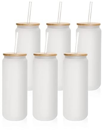 PYD Life Sublimation Glass Blanks Can Cups Frosted 25 OZ with Bamboo Silicone Lid and Glass Straw Coffee Beer Cans Tumblers Cups Mugs for Tumbler Heat Press 6 Pack