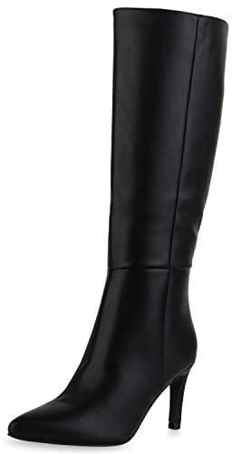 VAN HILL Damen Leicht Gefütterte Klassische Stiefel Spitze Schuhe Stiletto Absatzschuhe Basic Freizeit Boots 210014 Schwarz 38