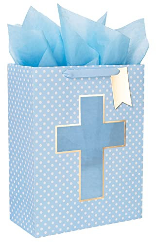 Loveinside Blaue Geschenktüte mit Kreuz-Design, Seidenpapier für Taufen, Taufen, Erstkommunion, religiöse Anlässe, 25,4 x 12,7 x 33 cm, 1 Stück