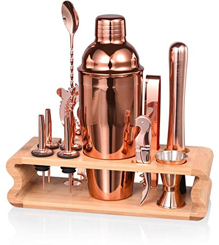 Quilamix 12-teiliges Cocktail Shaker Set mit Bambusständer, 750ml Edelstahl-Barkeeper-Set für Mixgetränke, Geschenk für Freunde, Männer, Frauen, mit Rezeptheft