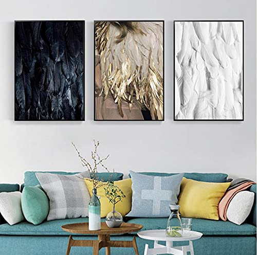 FSLEOVN 3 Stück Nordic Premium Poster Schwarz Weiß Gold Feder Bild auf Leinwand Moderne Wandbilder Goldene Federn Poster Drucke Wandkunst Bilder Rahmenlos (Schwarz Weiß Gold,60x90cm)