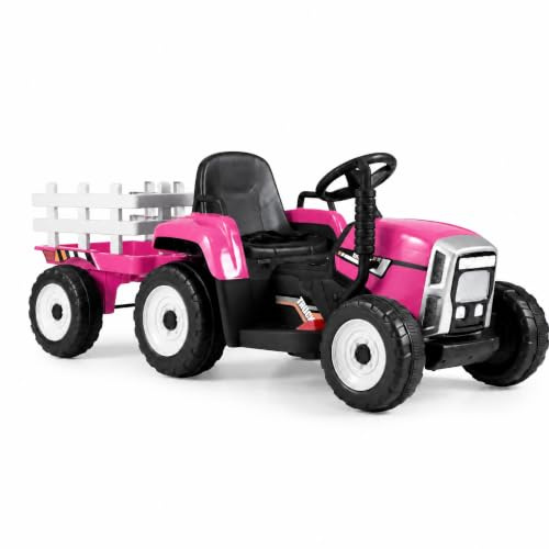 SOARS Trattore Elettrico per Bambini 12V con Rimorchio Rimovibile (Rosa) | Trattore Cavalcabile con Telecomando e Pedale Acceleratore, Veicolo con Multimedia, Clacson e Luci, Carico 30 kg