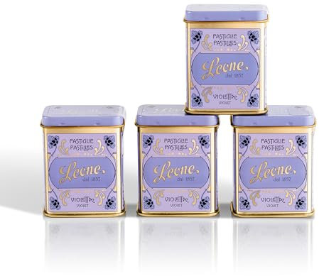 Leone depuis 1857 – Petite Boîte en métal Pastilles Leone Violette - Bonbons à la Violette Sans Gluten et Végans – 4 Petites Boîtes en métal de 30g (4 x 30g)