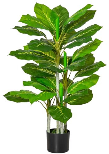 HOMCOM Pianta Artificiale da 33 Foglie per Interni ed Esterni con Vaso Ø15x13 cm, Pianta Finta Alta 95 cm in PEVA, PE e Cemento, Verde e Nero