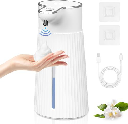400ML Dispensador de Jabón Automático con Sensor de Infrarrojos, dosificador jabon baño automatico IPX5 Resistente al Agua Sin Tocar,Recargable por USB,Dosificador Jabon Pared con Control de 2 Niveles