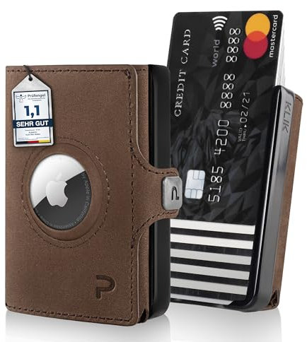 PURISTO KLIK Minimal AirTag Wallet mit Münzfach - Mini Kreditkartenetui und Geldbörse für Herren aus Echtleder - Kleines Portemonnaie mit RFID Schutz für 10-12 Karten - Braun Vintage