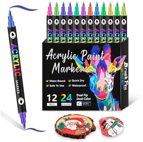cuhostki Acrylic Paint Pens Brush Tip, 24 Colours Dual Tip Acrylic Pens, Graphic Pen for Drawing for Rock Painting Wood Pebbles Glass Ceramic Stones Fabric Canvas Craft Waterproof Brush Pen
