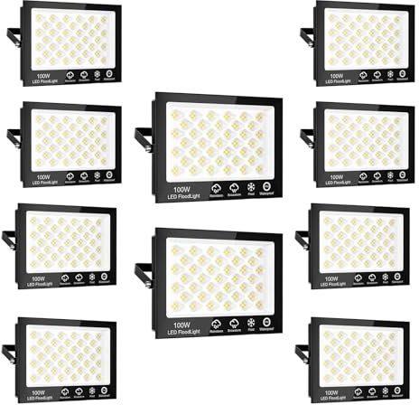 Sararoom Strahler Fluter Flutlicht Scheinwerfer - 10er 100W 156 LED, 10000LM, Kaltweiß 6500K, IP65 Wasserdichte Flutlichtstrahler Außen-Sicherheitsbeleuchtung für Garten Garage Hof Auffahrt Türen Flur