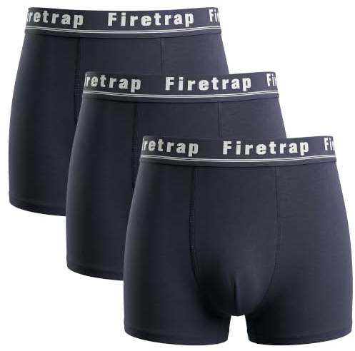 Firetrap Mens 3 Pack Designer Boxer Shorts, Underwear Gift Set Trunks Comfortable Stretch Cotton Plain Colours Mens Briefs All Blue XXL