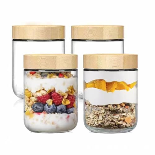 Hylruu 4-pack 16 oz Overnight Oats Containers with Bamboo Lids, Glass jars with Airtight Lids, Wide mouth Mason Salad jars, Glass Food Storage Containers for Snacks Yogurt Spice Sugar pots