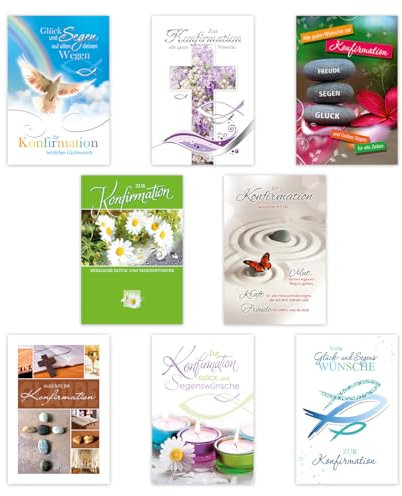 KE - Stilvolles und Buntes Konfirmationskarten Set – 8 Glückwunschkarten zur Konfirmation mit 8 Motiven – Vorteilspack für feierliche Glückwünsche