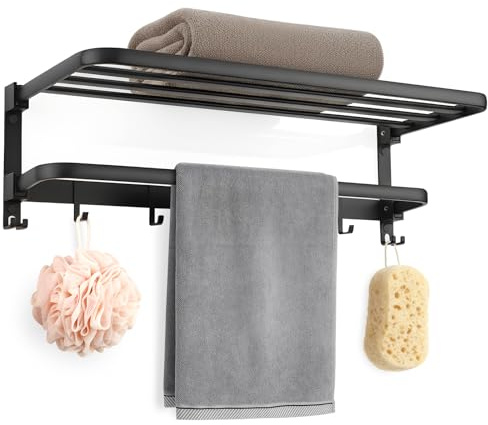 OWLKELA Towel Rail with Shelf, Foldable Towel Holder, 2 Tier Towel Rack Wall Mounted with Hooks, Towel Shelf with Space Aluminium, for Bathroom & Lavatory, Matte Black, 24inches