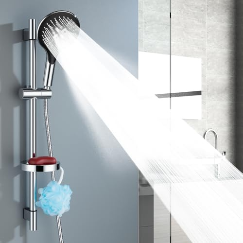 Ronvie 73cm Shower Riser Rail with Soap Dish and 3-Mode Large Shower Head | Stainless Steel Hose, 360°Adjustable Shower Head Holder, Adjustable Shower Slide Bar for Bathroom, Chrome