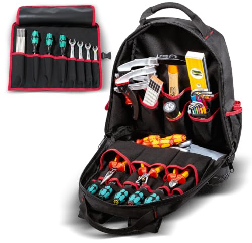 PARAT BASIC Backpack | Werkzeugrucksack mit 15 Fächern & 6 Gummischlaufen | Inkl. BASIC Roll-Up Case 8 | Werkzeugrucksack 23L für Elektriker | Robuster Nylon Rucksack | Elektriker Rucksack