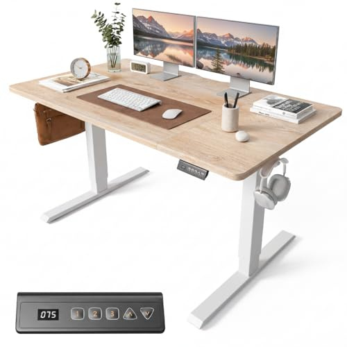 FEZIBO Electric Standing Desk 140 x 70 cm, Height Adjustable Sit Stand Desk with 3 Memory Presets, Home Office Computer Desk, White Frame with Oak Top