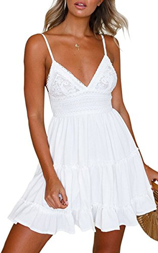 ECOWISH V Ausschnitt Kleid Damen Spitzenkleid Träger Rückenfreies Kleider Sommerkleider Strandkleider Weiß L