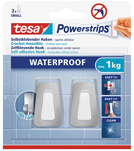 tesa Powerstrips Haken Waterproof S Metall-Kunststoff - 1 kg Halteleistung | 2 selbstklebende, wasserfeste Wandhaken aus Edelstahl und Kunststoff - für Feuchträume, Fliesen und Glas - spurlos ablösbar